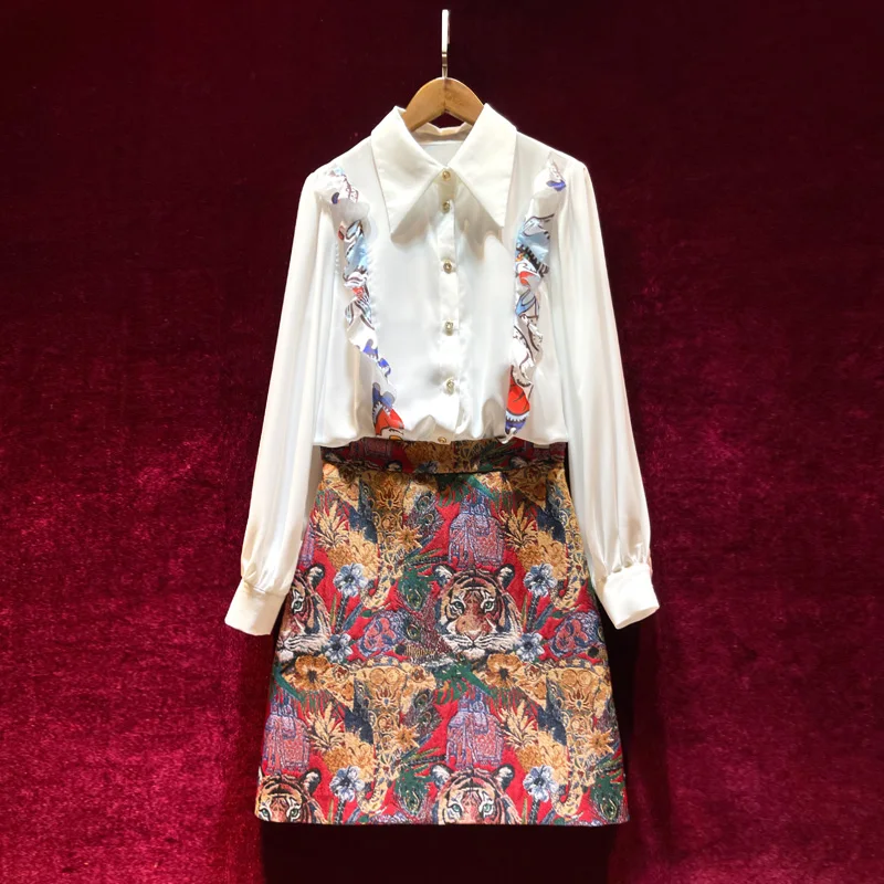 

European and American women's summer 2021 new Long sleeve ruffled shirt Tiger print jacquard skirt Fashion suits