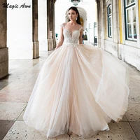 magic awn light champagne boho wedding dresses 2021 lace appliques illusion princess backless a line bride dress vestidos boda