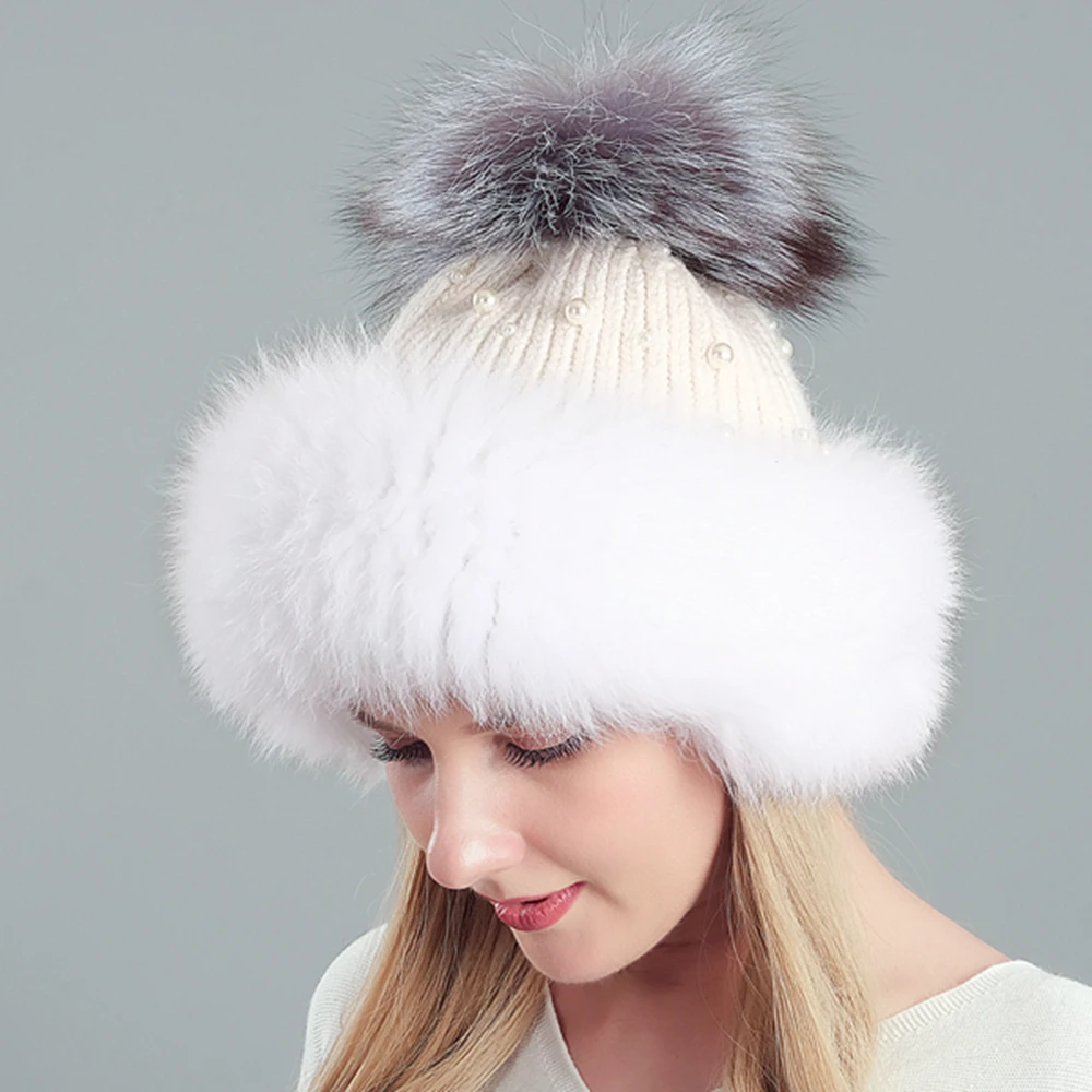 Женские шапки с помпонами из натурального меха вязанные шапки-бобы жемчугом
