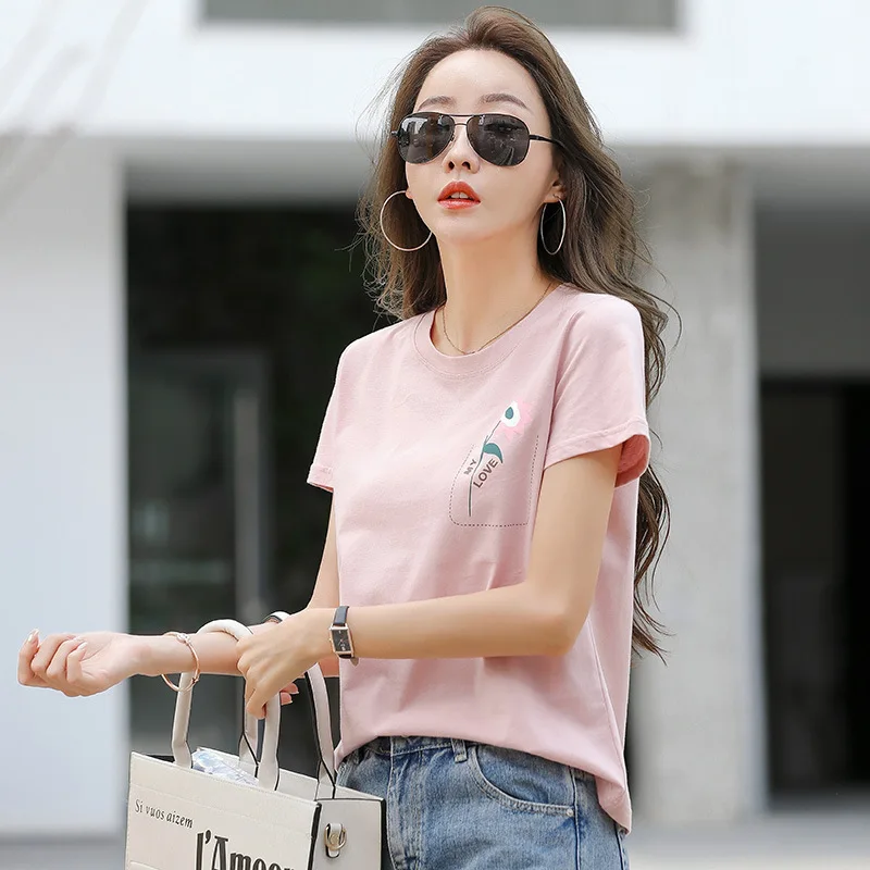 

100% Cotton T Shirt Femme Short Sleeve Fashion Printed Pink Women Tshirts O Neck Loose Tops Summer Camisetas Mujer