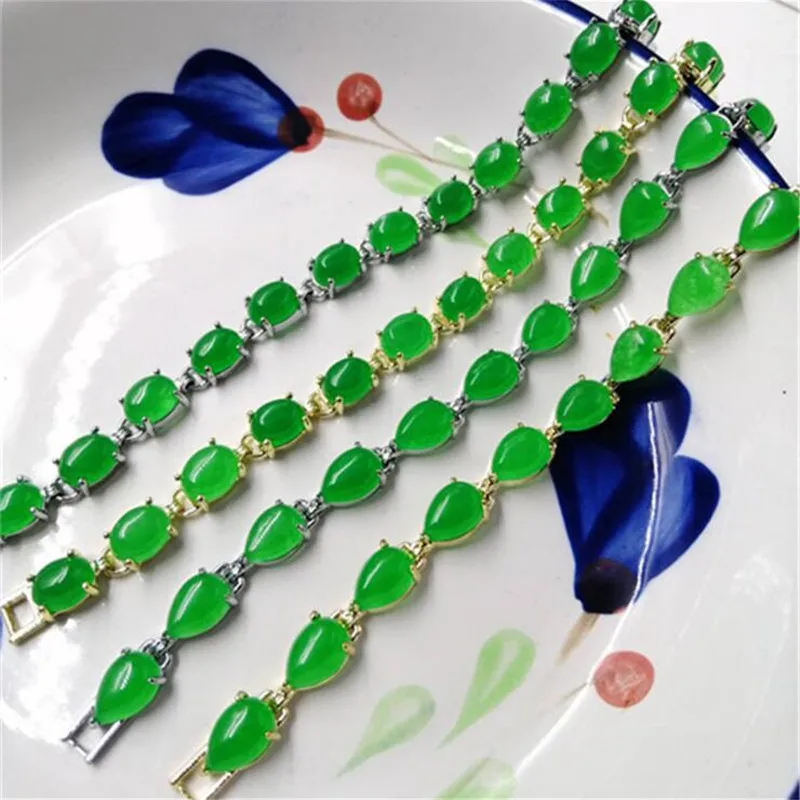 

Natural Malay jades Chalcedony Stone Plated Bracelet Green Jades Water Drop Beads Jewelry Making Women's Exquisite Gifts 7inch