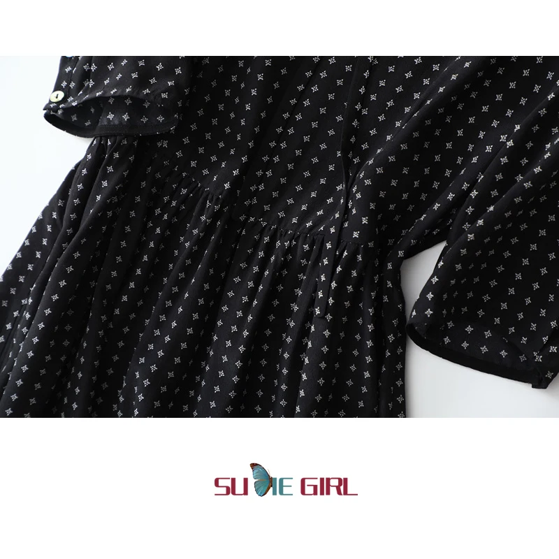 

SUDIE Girl Summer vacation style lapel five-point sleeve princess dress, loose high waist polka dot printed silk dress