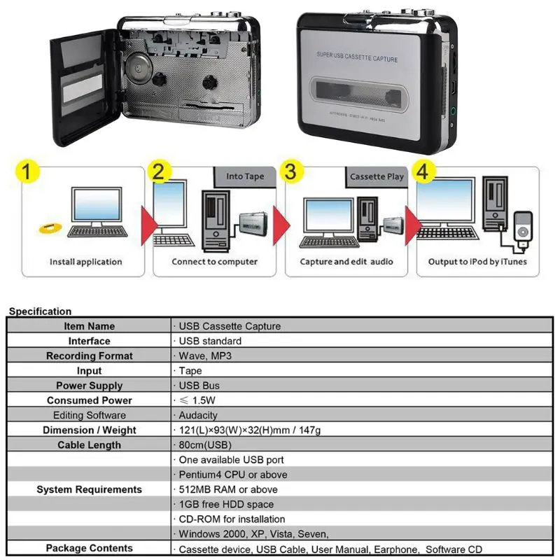 

USB Cassette Player Tape to PC Old Cassette to MP3 Format Converter Audio Recorder Capture Walkman with Auto Reverse