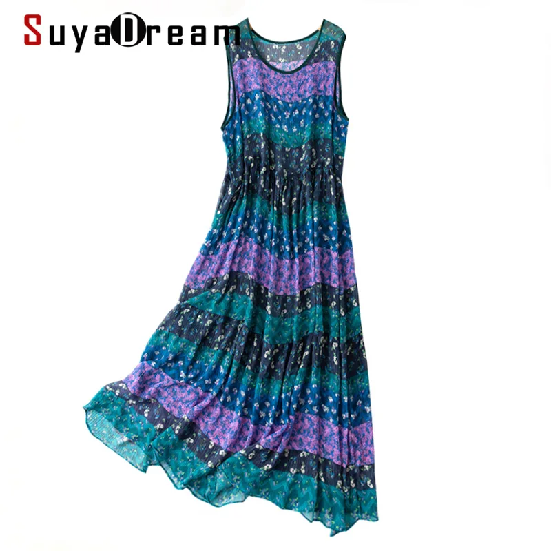 

SuyaDream Woman Floral Dress 100%Silk Georgette Printed Sleeveless A-line Maxi Dresses 2021 Summer Beach style Long Dresses