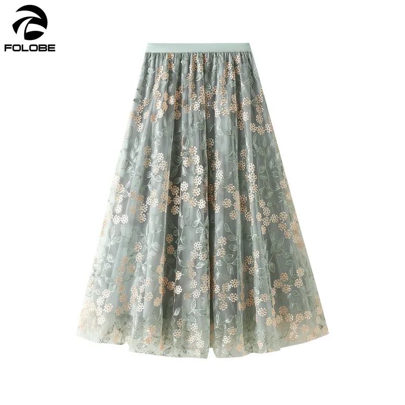 

FOLOBE 2021 Summer New Embroidery Tulle Skirt Women High Waist Mesh A-line Skirt Elegant Mid length Fashion Skirts Female