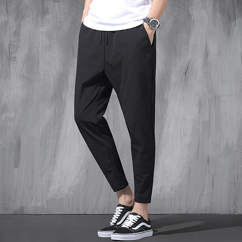 

Casual Summer Ice Silk Trousers for Men Pants Thin Breathable Solid Pencil Pants Stretch Drawstring Ninth Pants Men Clothing