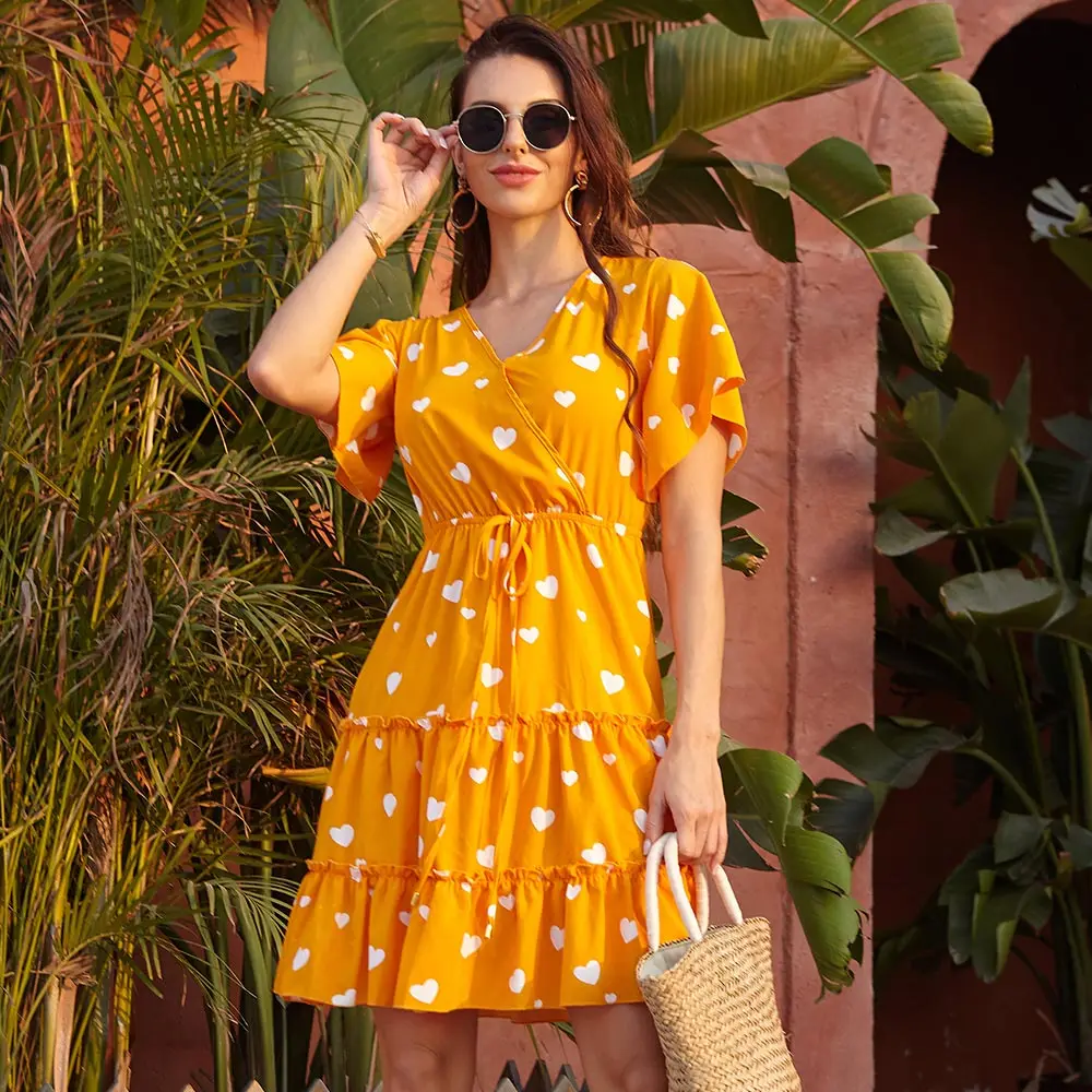 Модное платье в горошек с принтом женское летнее трапеция завышенной талией и