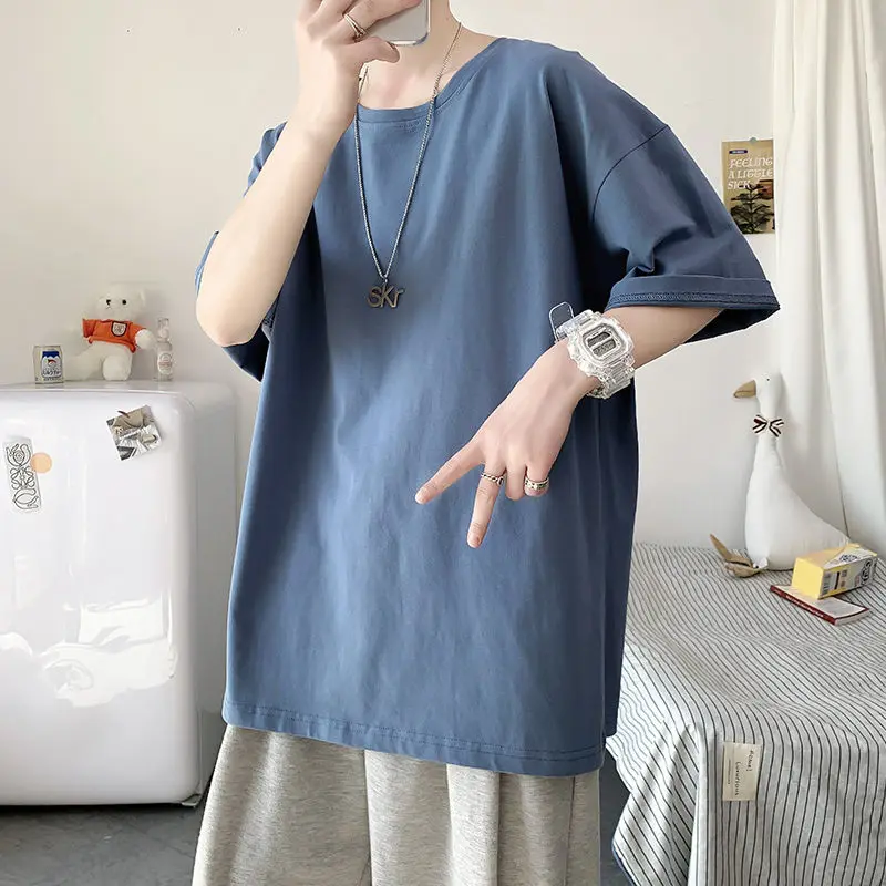 

Summer Cotton T-shirt Men Korean Fashion Loose Casual Solid Color Tshirt Men Harajuku Streetwear Short-sleeved T Shirt Men M-2XL