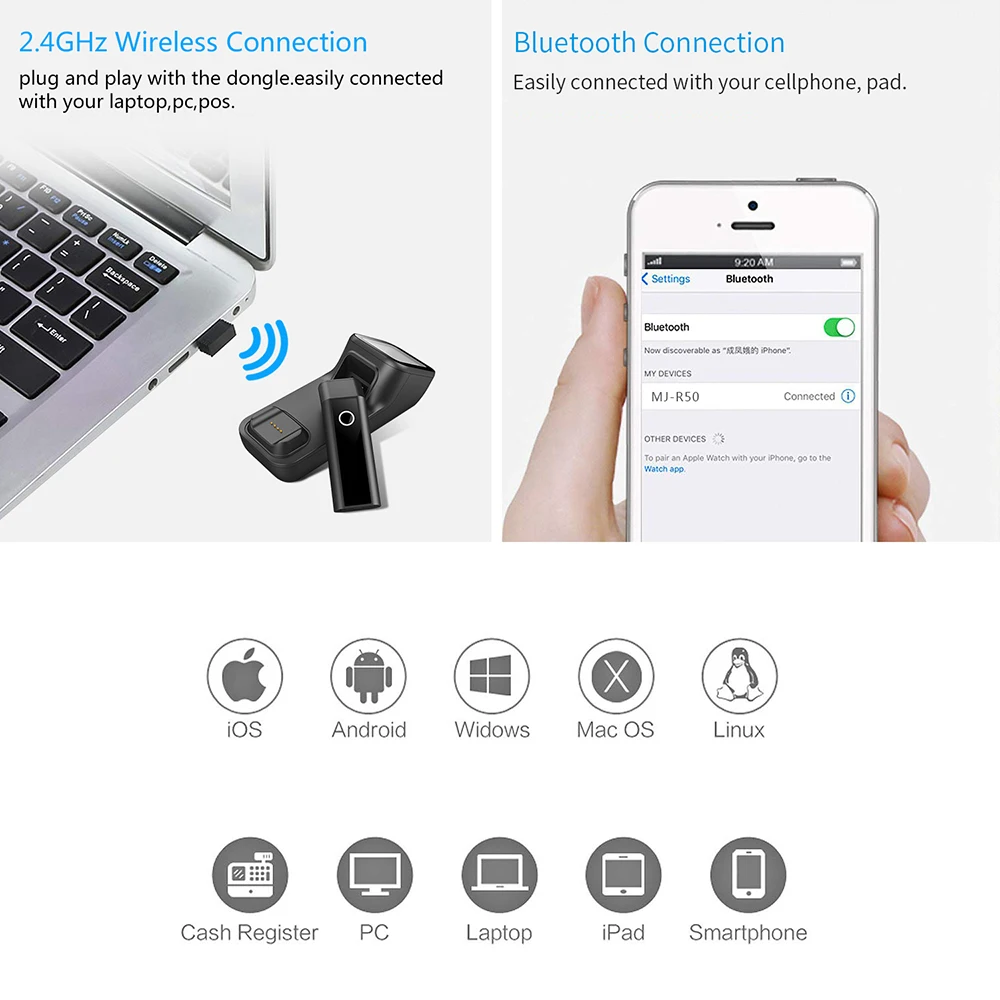 1D 2D Портативный Bluetooth беспроводной сканер штрих кода считыватель QR считывание