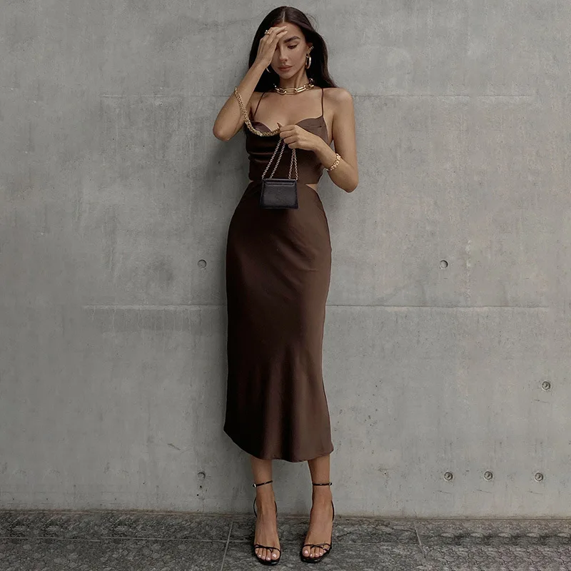 

Elegant Satin Sling Dress Women Summer Solid Sleeveless Evening Dress for Women Fashion Lace Up Backless Beach Party Dress Women