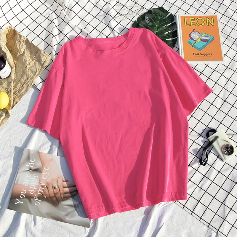 

Летняя цветная хлопковая Футболка с О-образным вырезом в Корейском стиле топ Базовая футболка женская S-4XL отсутствует Регулярный простая о...