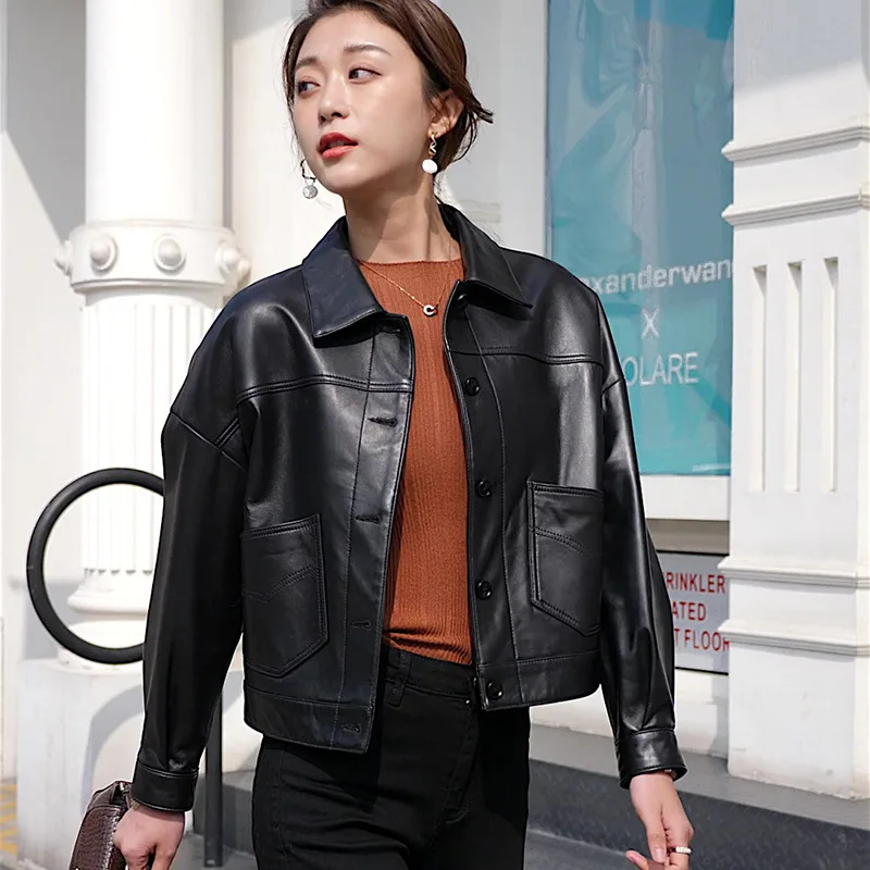 Spring New Fashion Genuine Leather Black Short Women's Sheepskin Motorcycle Coat High Quality Luxury Single Breasted Jacket
