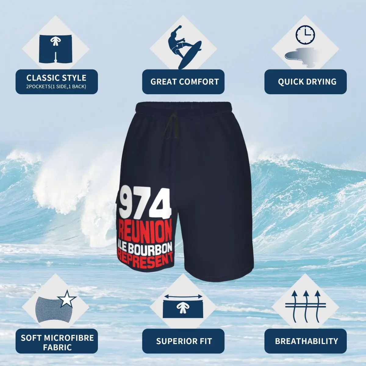 

974 La Reunion, Represent Promo Male Shorts Pocket beach pants Beach R181 Breathable Quick Dry Print Cute
