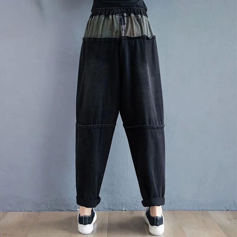 

Women Casual Boyfriend Jeans New 2020 Autumn Streetwear Vintage Print Elastic High Waist Loose Female Denim Harem Pants S2358