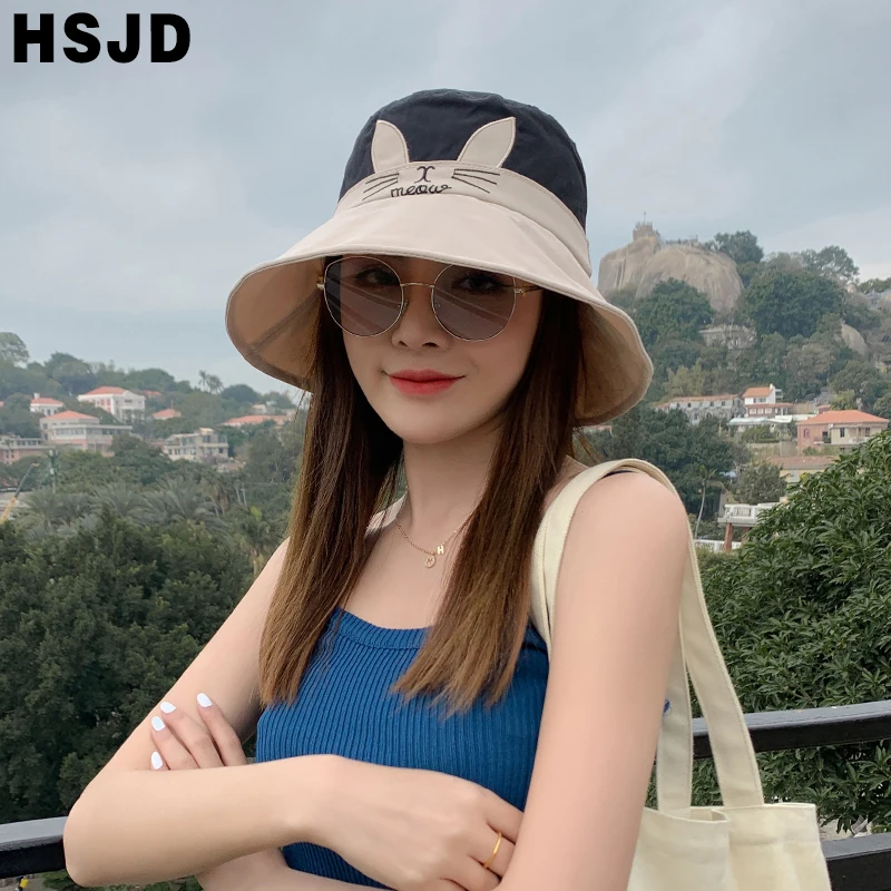 Cute Lovely Cat Ears Bucket Hat Summer Women's Hats Wide Brim Foldable Anti-UV Sun Beach Caps Panama Female Floppy Fisherman Cap