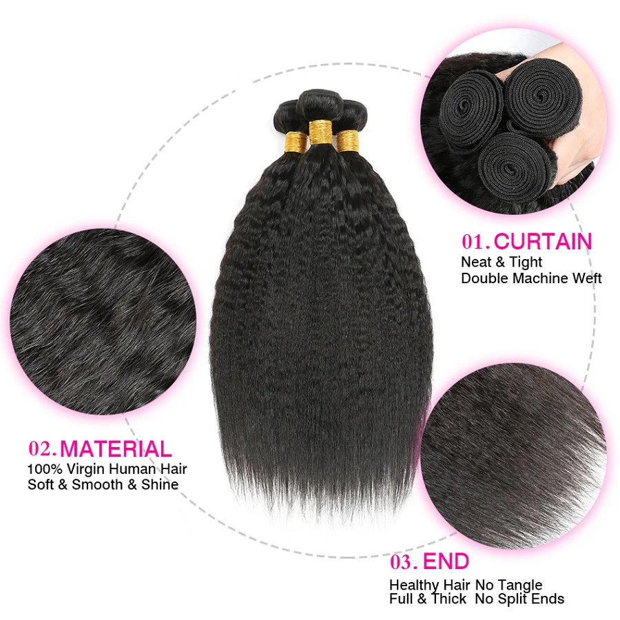 34 36 38 40 Inch Kinky Straight Hair Bundles 100% Human Hair Weave Extensions Brazilian Remy Hair Yaki Straight Bundles 1/3/4pcs