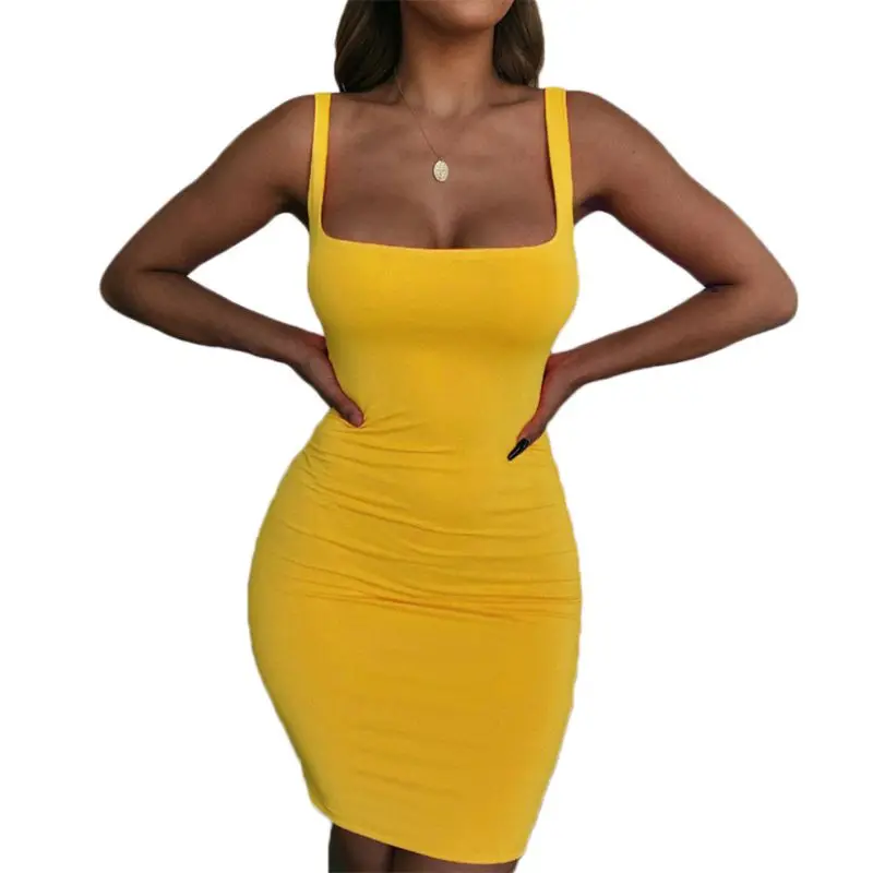 

Women Summer Sleeveless Bodycon Mini Pencil Dress Sexy Square Neck Neon Solid Candy Color Stretch Office Lady Cocktail
