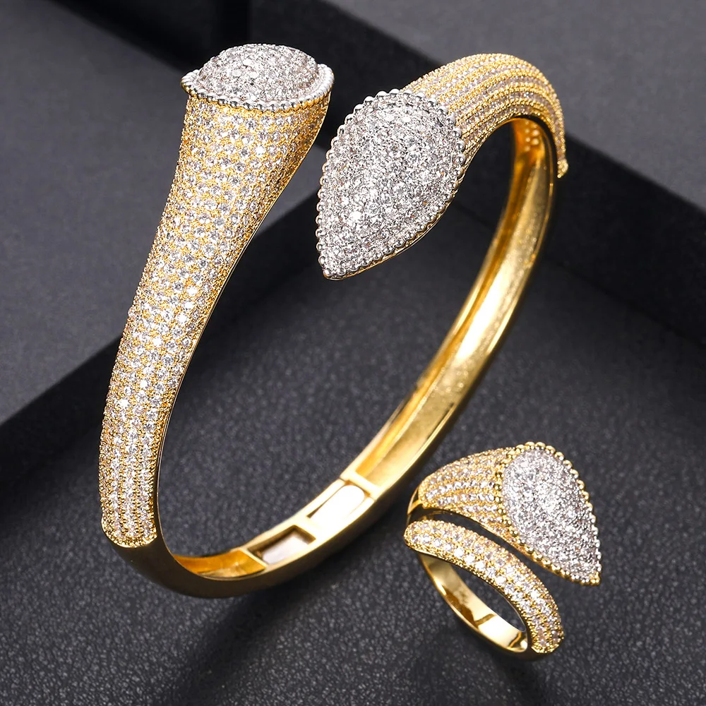 Janekelly Делюкс Полный кубический циркон браслет манжеты и кольцо в виде