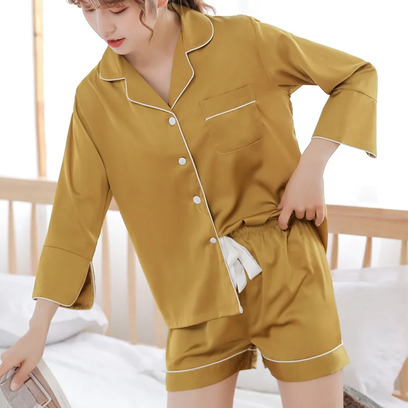 Casual Women Sleepwear 2PCS Pajamas Set Satin Shirt&ampShorts Silky Nightwear Kimono Bathrobe Gown Soft Intimate Lingerie Pijamas | Женская