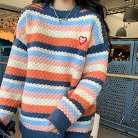 deeptown korean style rainbow striped print knitted sweater women harajuku crewneck long sleeve oversize jumper female winter