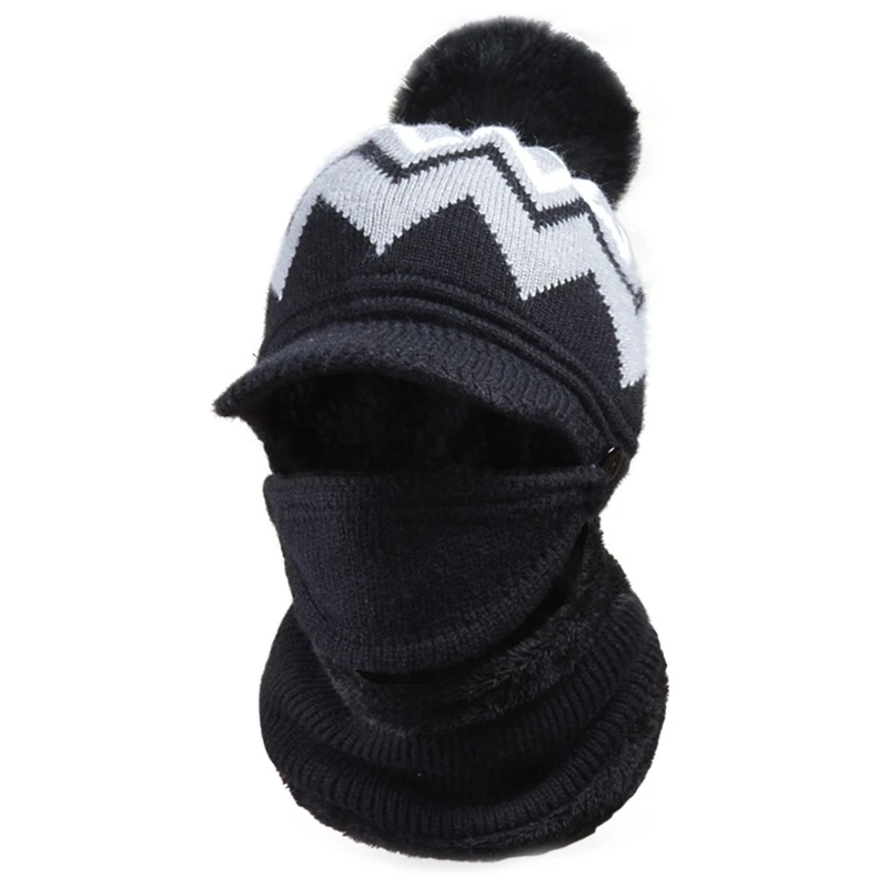 

Women 3 In 1 Winter Visor Beanie Hat Circle Scarf Face Mask Set Knitted Plush Lining Windproof Pompom Skull Cap Warmer