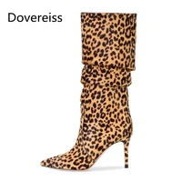 dovereiss fashion womens shoes winter concise new sexy leopard print pointed toe slip on half boots stilettos heels 34 45