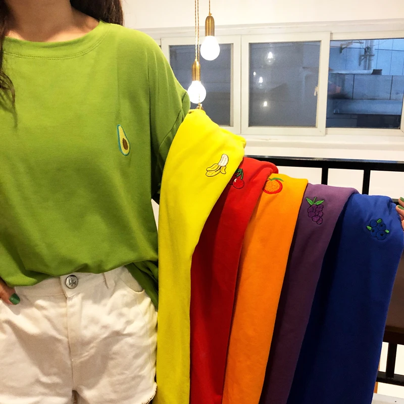 100% хлопковая футболка с вышитыми фруктами в Корейском стиле безразмерная