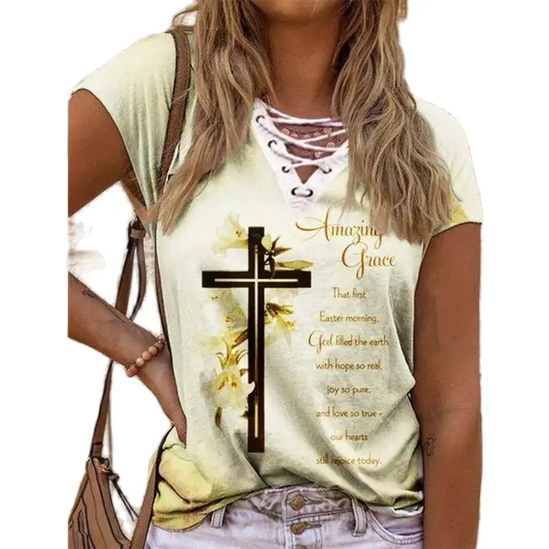

Casual Harajuku Loose Short Sleeve Tee Shirts 2021 Summer Retro Drawstring V-Neck T-Shirts Women Fashion Cross Letter Print Tops