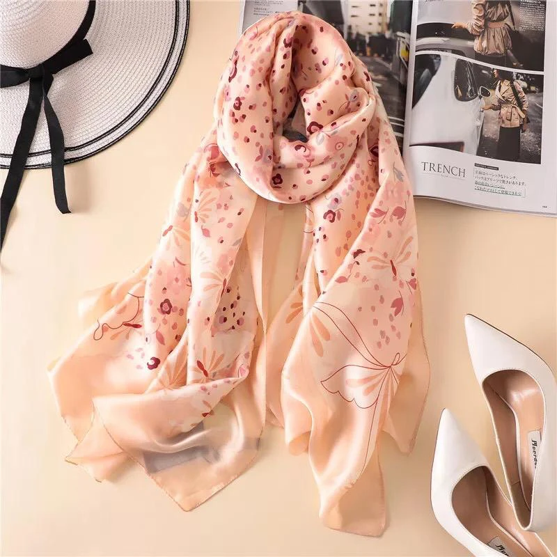 

Yulaili Fashion Silk Scarf For Women Blue Color Floral Print Satin Scarfs Neckerchief For Ladies Scarves Shawls and Wraps