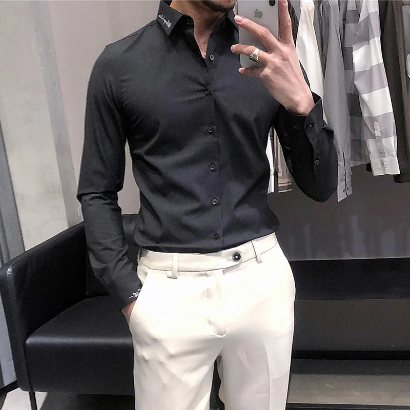 

2021 New Shirts Men Long Sleeve Business Dress Casual Shirts Neckline Embroidery Social Party Blouse Streetwear Chemise Homme