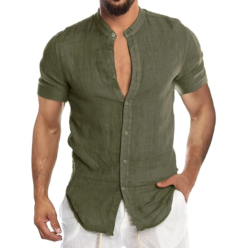 

2021 New Summer Men's Short Sleeve Casual Linen Button-Down Shirt Cotton Blouse