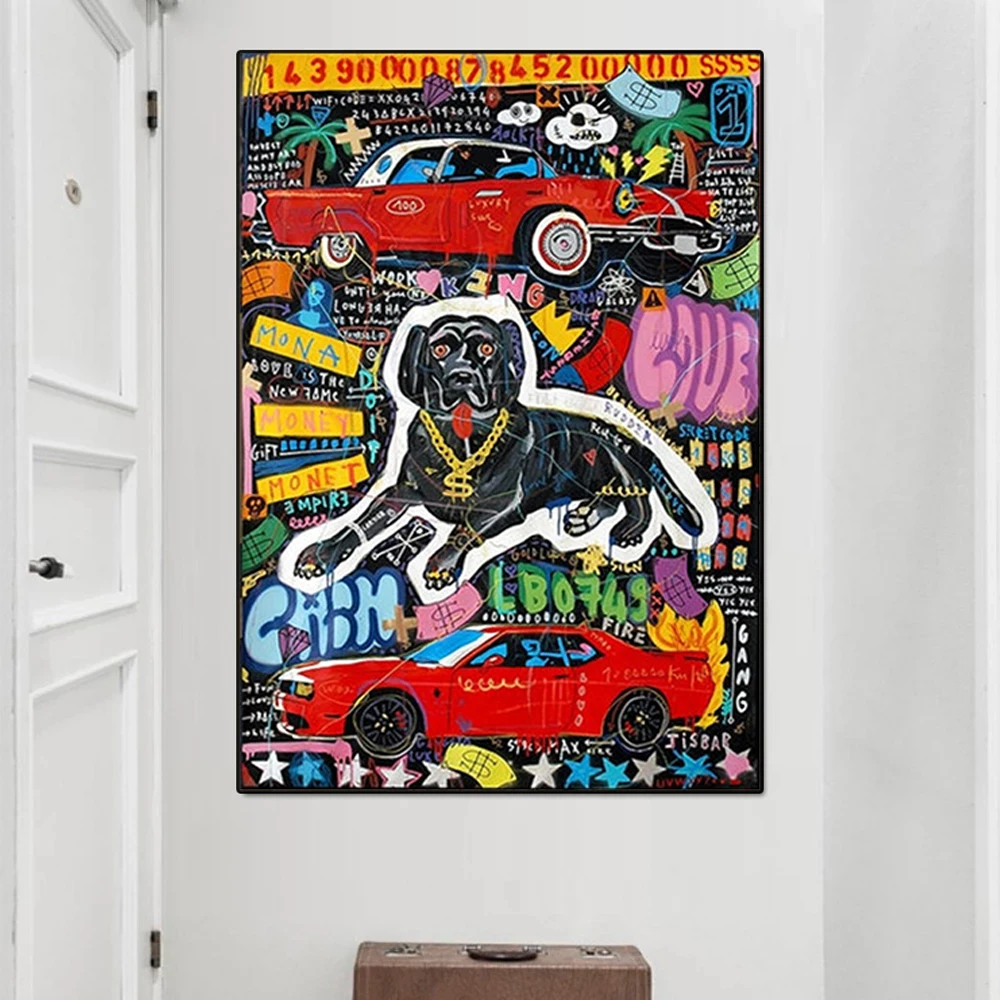 

Modern Rich Dog Graffiti Canvas Poster Wall Street Art Dollar and Prints Pictures Cuadros Home Decoration for Living Room Decor
