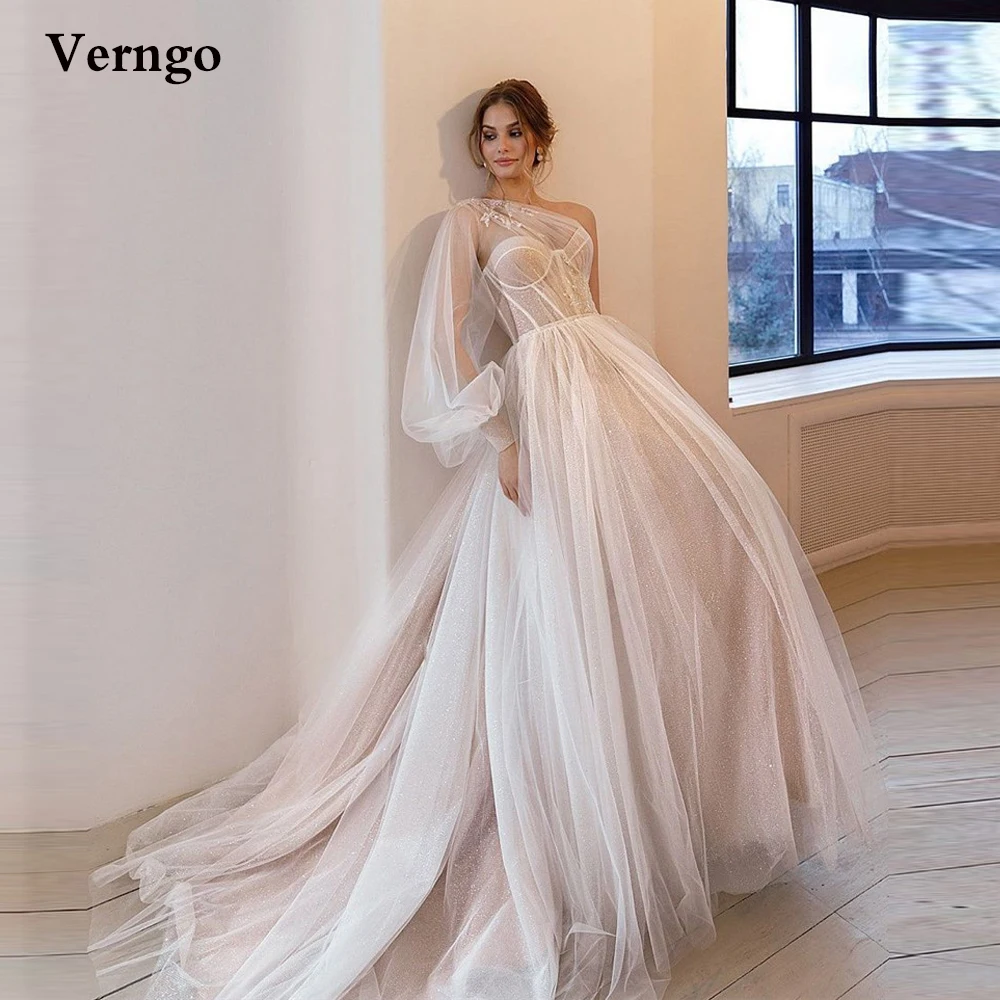

Verngo Elegant Glitter A Line Wedding Dress One Shoulder Puffy Long Sleeve Tulle Corset Lace Tie Bridal Dresses Vestido de noiva