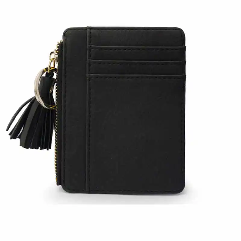 Черный Matt Leather Mini Tassel Women Card Holder Cute Credit ID Card Holders Zipper Wallet Case Change Coin Purse Keychain Nubuck New - Цвет: Черный