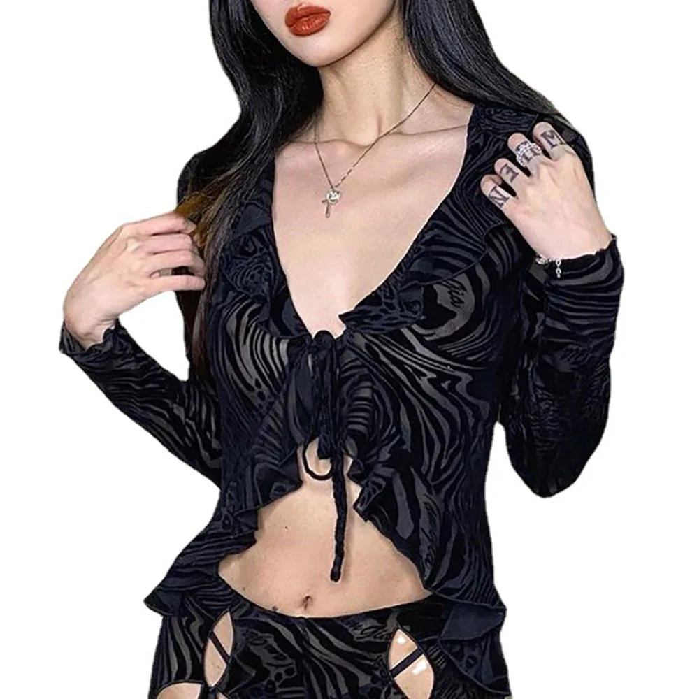 

2021 New Design Fashion V-neck Bandage Blouse Sexy Perspective Net Yarn Long Sleeve Navel High Street Casual Women's