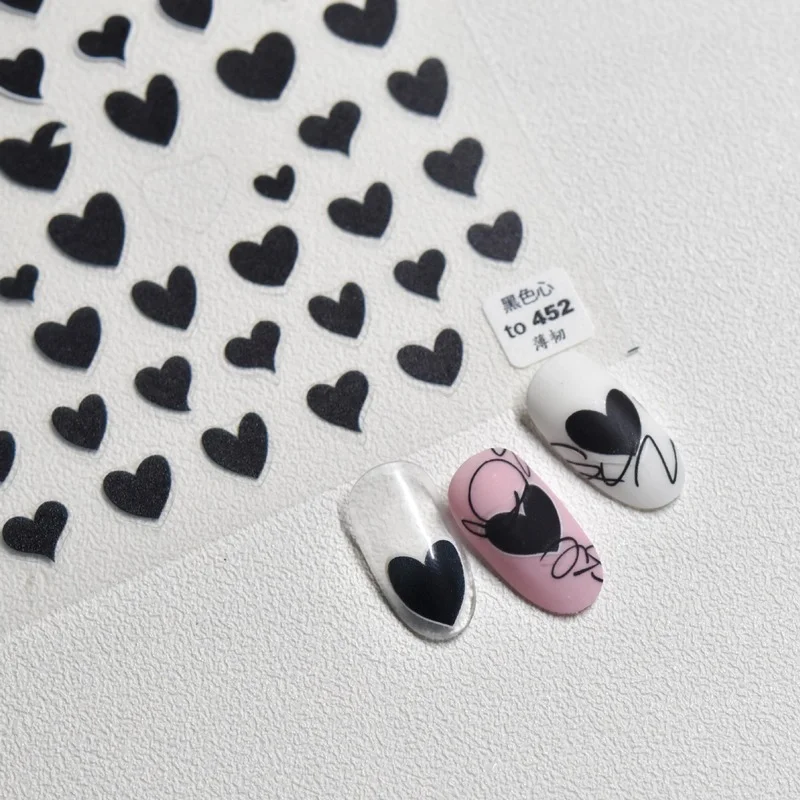 

2021 Black Soild Hearts High Quality 5D Engraved Nail Stickers Ultra-Thin Self Adhesive Nail Art Decorations Nail Decals Design