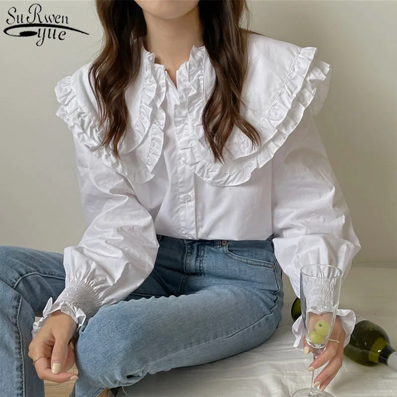 

Корейский Chic отложной воротник с рюшами женские блузки топы белого цвета рубашка с длинными рукавами женские свободные повседневные штаны модная одежда, блузки и рубашки, 13905