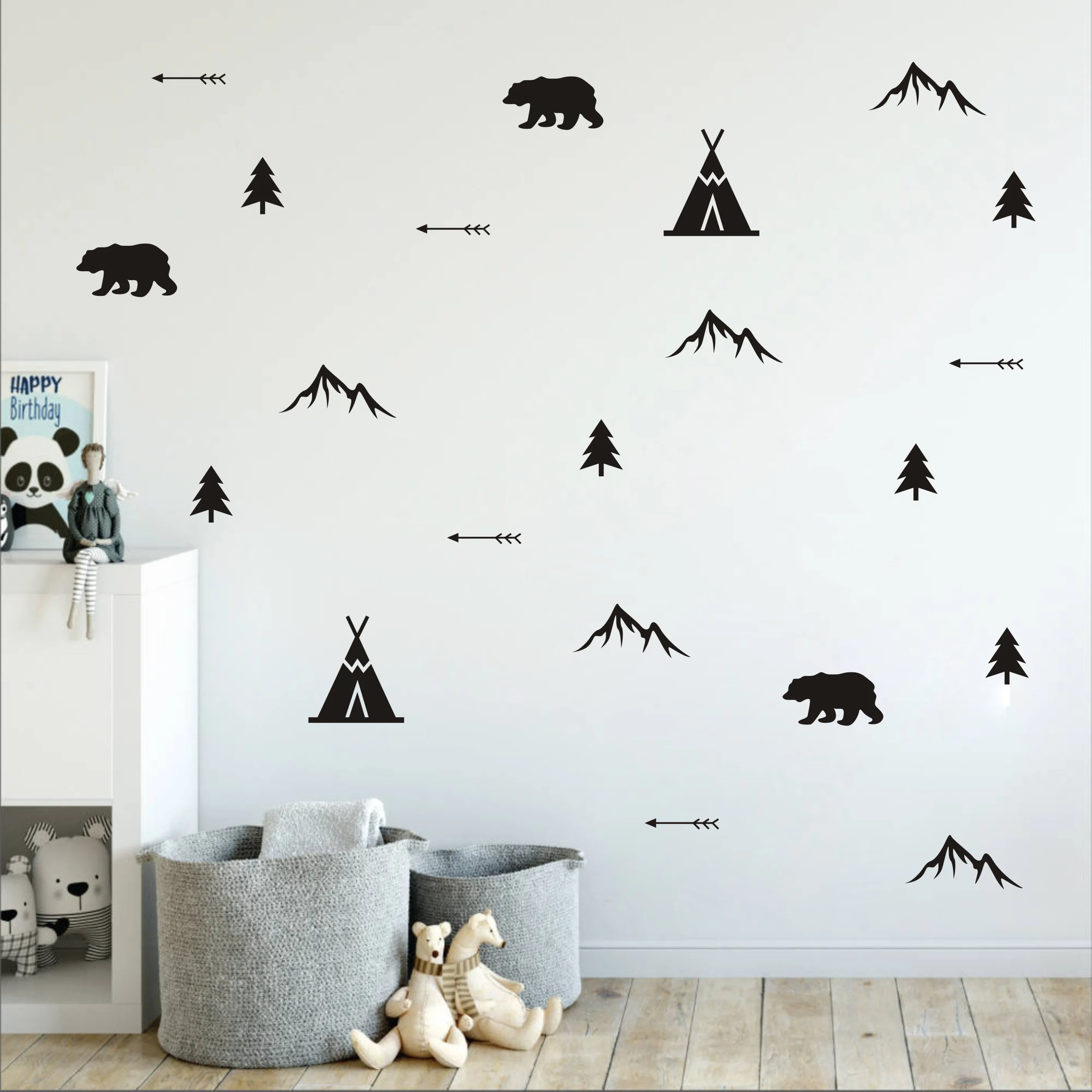 Набор деревянных медведей стрелок прорезывателей деревьев и гор наклейки на