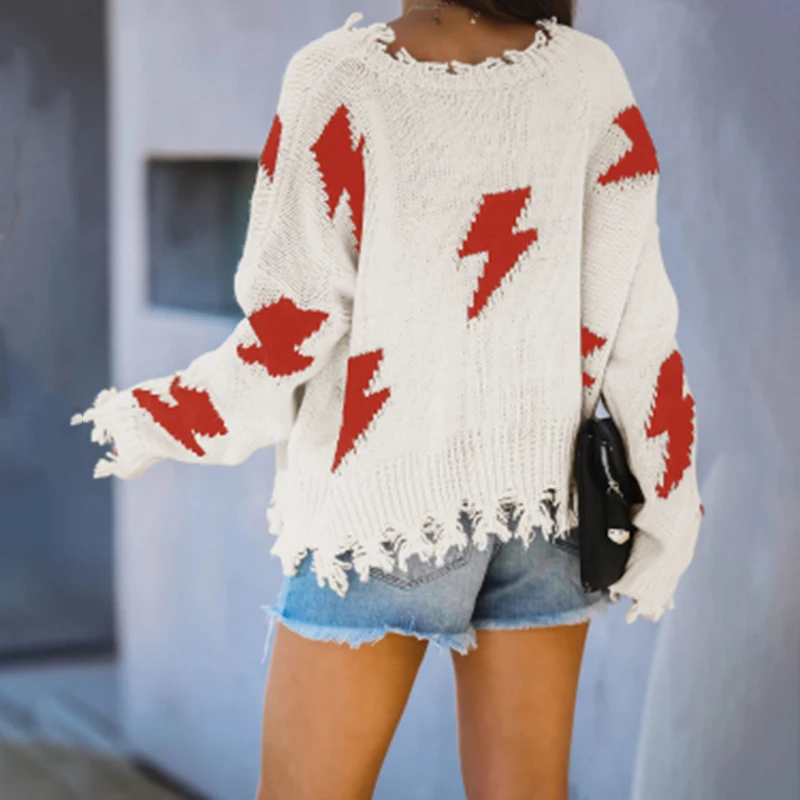 Fashion Oversized Ripped Sweaters Women 2020 Fall Winter Loose O-neck Long Sleeve Thunder Pattern Knitted Pullovers Jumpers | Женская