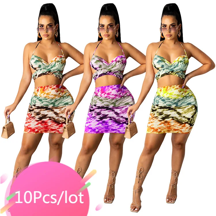 

Bulk Wholesale Items Clothing Women Summer 2 Piece Set Printing Backless Bandage Halter Tops Mini Skirt Sets Sexy Beachwear