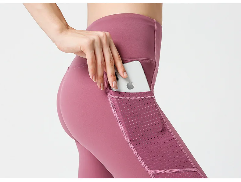 

New shockproof gathering fitness suit double-sided nylon nude stitching side pocket suit female two-piece suit