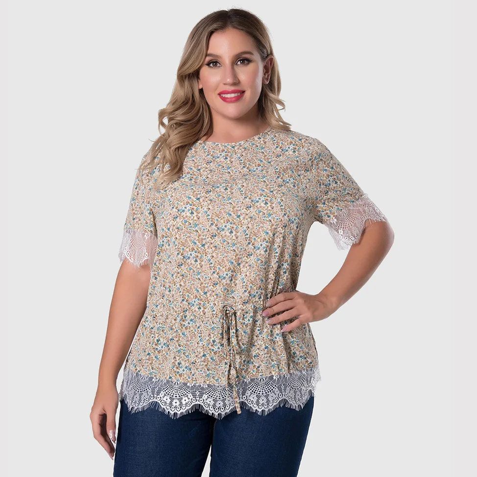 

Womens Plus Size Ruffle Top Elegant Blouses Women's Summer Tunic T-shirts Women Short Sleeve Female Print Lace Floral T-shirt