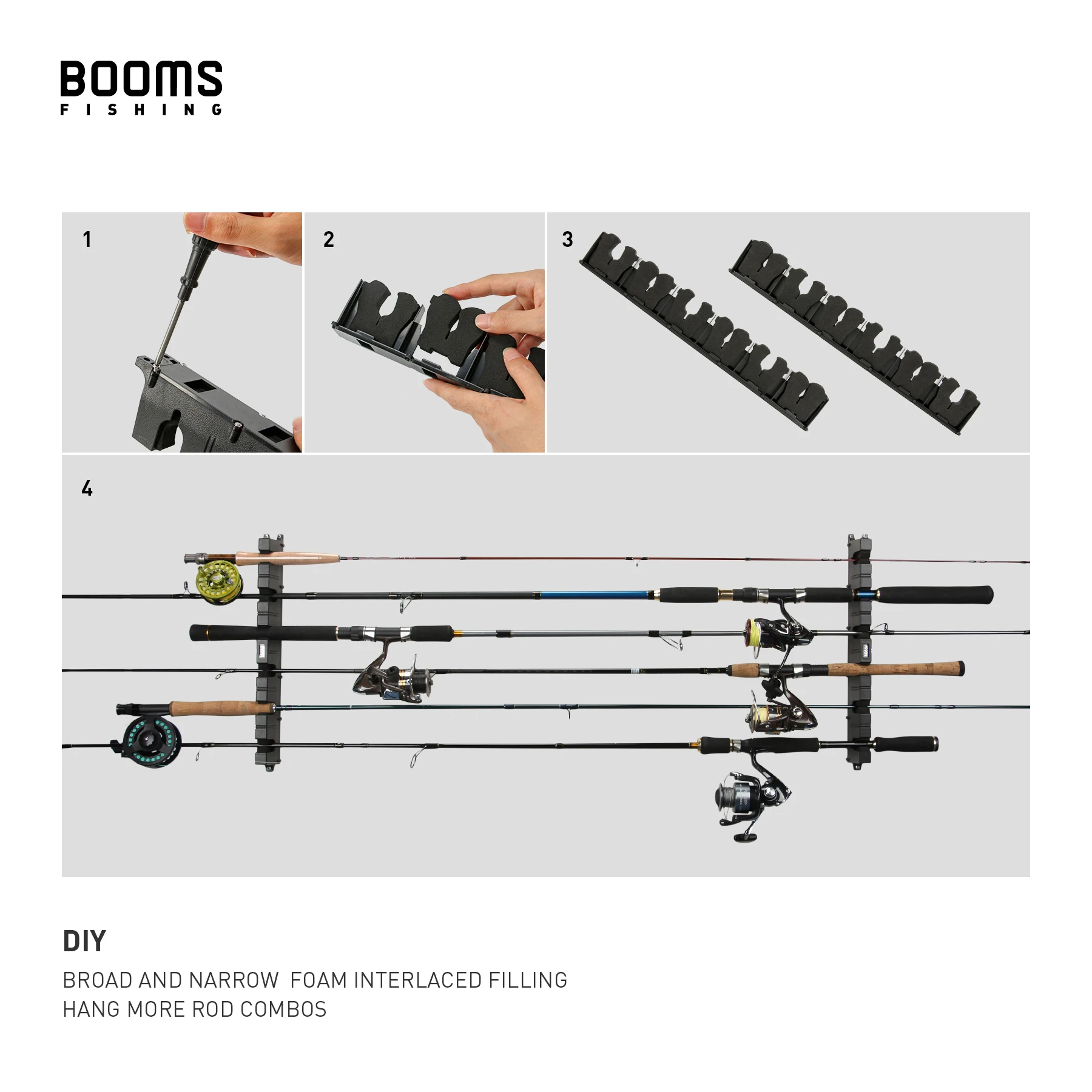 Booms Fishing WV1 Horizontal 6-Rod Rack Fishing Pole Holder Rod Holders Wall Mount Modular for Garage Fishing Rods Storage Tool