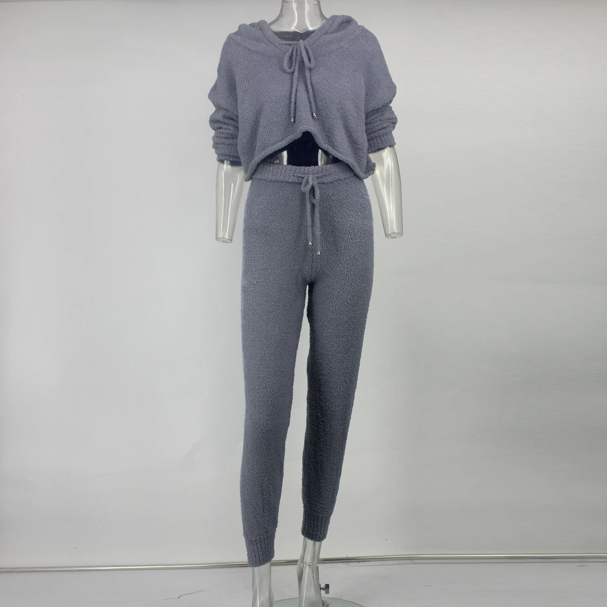 Dressmecb/свитер комплект из двух предметов, укороченный топ с капюшоном и длинные штаны повседневные Женский комплект 2 шт. г. Aumntun зимняя одежда - Цвет: Серый