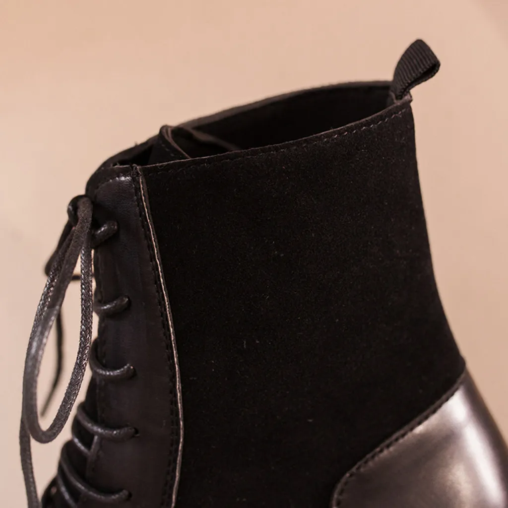 Черные женские Ботинки на каблуке с круглым носком повседневная обувь шнуровке