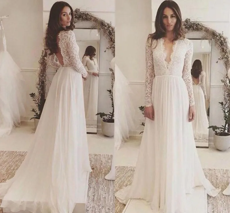 

Hot Backless Boho Wedding Dress 2021 Long Sleeve Lace Appliques Chiffon Bridal Gown Summer Beach Robe Mariage