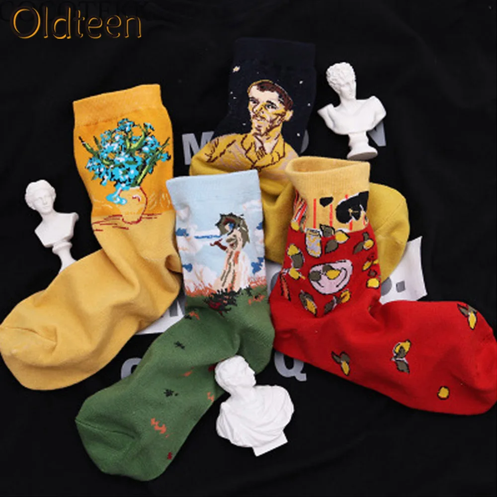 

New Hot Winter Warm Art Abstract Oil Painting Van Gogh Crew Printed Happy Funny Socks Retro Street Trend Hip Hop Socks Gift