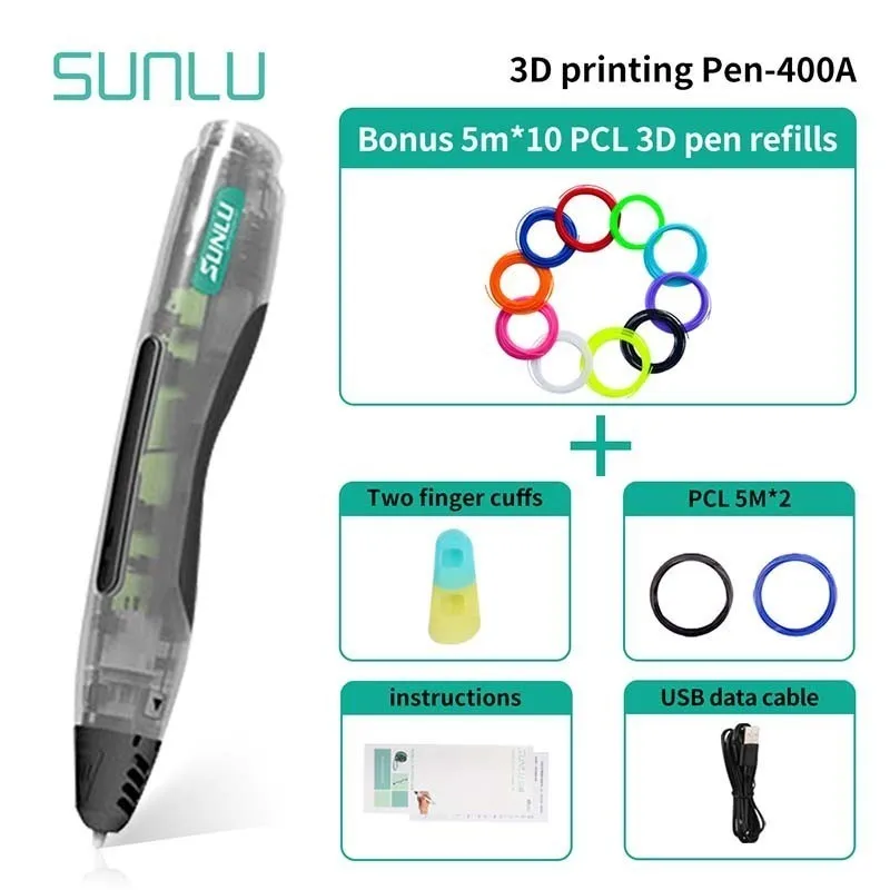

SUNLU SL-400A 3D Printing Pen Low Temperature Safe To Use For Children Scribble Support 1.75mm PCL Filament New Gift Box Set
