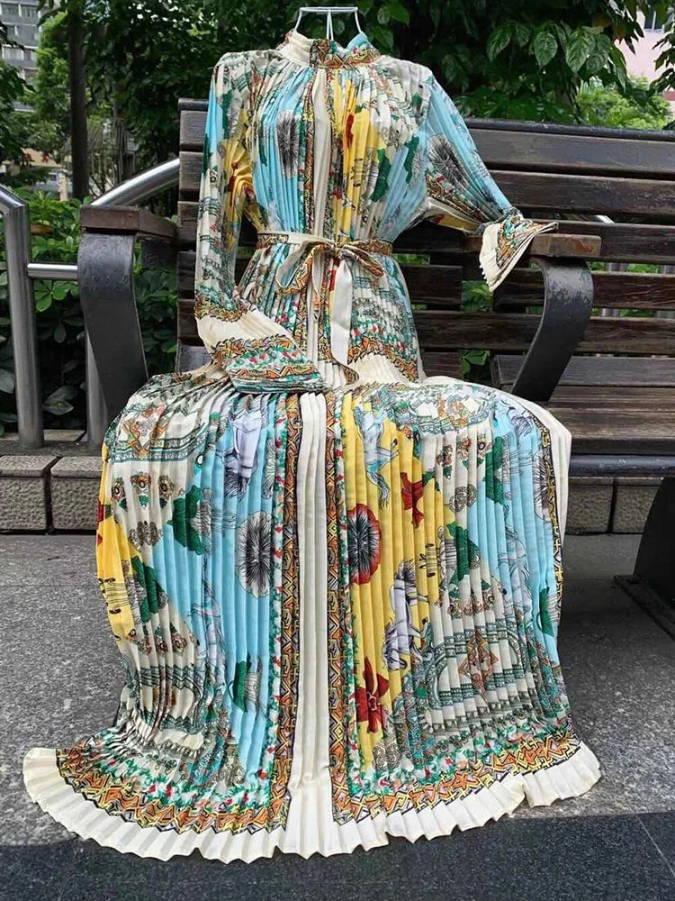 

Plus size women's summer satin 3D printing pleated dress 2021New women's clothing belt fashion party retro elegant tutu skirt XL