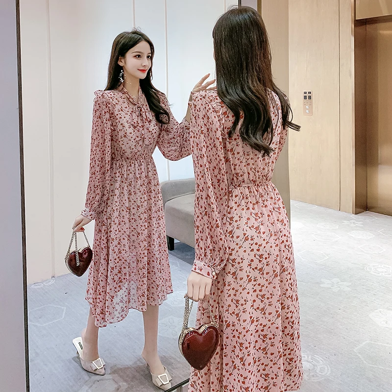 Новинка 2020 весеннее женское платье с цветочным рисунком длинным рукавом в